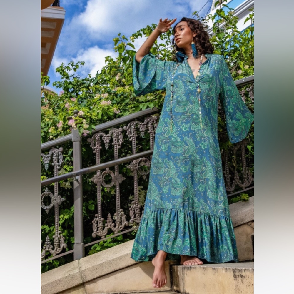 Paani LS Maxi Dress Black & Gold Ruffle Hem Bohemian!